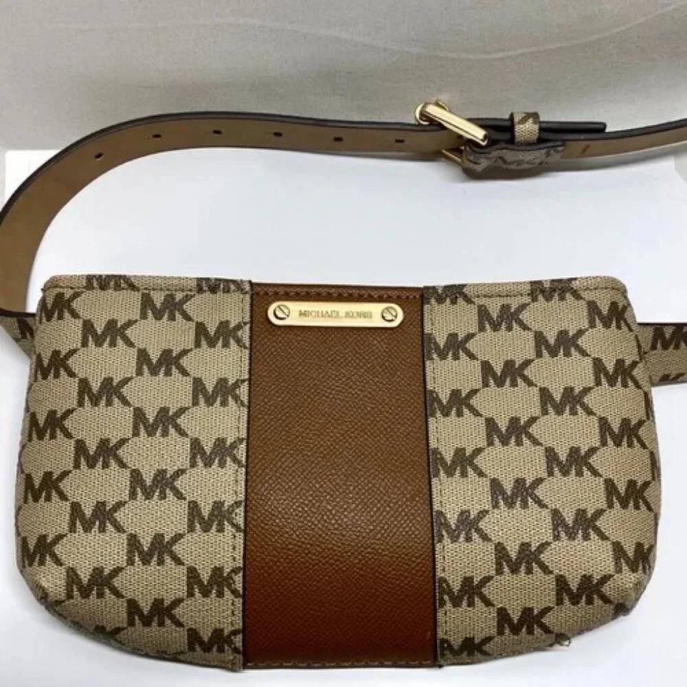Michael Kors Belt Bag Fanny Pack Signature MK Brown Tan Crossbody Purse L/XL EUC